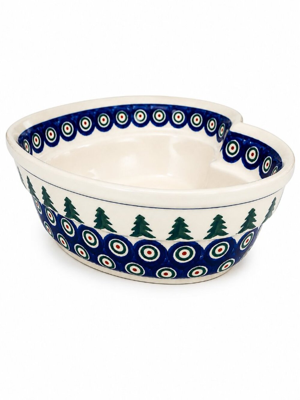 Boleslawiec Polish Pottery Heart Shape Serving Bowl Peacock Christmas Pine Trees